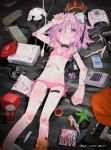  1girl :3 alcohol animal_ears arm_over_head arm_up bandaid bandaid_on_arm bandaid_on_cheek bandaid_on_elbow bandaid_on_face bandaid_on_knee bandaid_on_leg blood blush body_writing bottle box bra bunny bunny_ears cardboard_box cat_ears cd cd_case choker cigarette controller crown cube cuts d-pad d-pad_hair_ornament dr_pepper english_text fake_animal_ears feet_out_of_frame first_aid_kit flat_chest game_&amp;_watch game_console glass_bottle hair_between_eyes hair_ornament highres injury ipad kazoo kokaki_mumose looking_at_viewer lying marijuana messy_hair navel neptune_(neptune_series) neptune_(series) nintendo on_back open_mouth panties paper pink_hair pipe pornhub purple_eyes sega_dreamcast short_hair solo stuffed_toy suggestive_fluid swirl tablet_pc too_many too_many_bandaids toothpaste translation_request underwear underwear_only video_game wire 