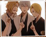  3boys arms bleach blonde_hair eyebrows fingers hair_over_one_eye hands haori ichimaru_gin japanese_clothes kira_izuru multiple_boys one_eye_closed ootoribashi_roujuurou otoribashi_rojuro shihakusho shinigami silver_hair 