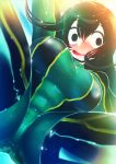  1girl asui_tsuyu black_eyes black_hair bodysuit boku_no_hero_academia boots breasts cleavage female frog_girl gloves hakkasame highres long_hair looking_at_viewer monster_girl shounen_jump solo thigh_boots thighhighs 