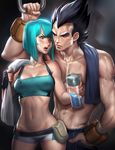  1boy 1girl abs bike_shorts black_hair blue_hair blush breasts bulma cleavage couple crop_top dragon_ball dragonball_z fingerless_gloves gloves midriff navel over_shoulder sakimichan shirtless short_shorts shorts single_glove spiked_hair sports_bra sweat tank_top thermos thick_eyebrows toned towel vegeta 