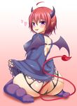 ass blush breasts demon_girl demon_horns demon_tail demon_wings dress dress_lift erect_nipples gradient gradient_background heart horns large_breasts looking_back original panties pointy_ears purple_eyes purple_legwear red_hair roro_(sghona10) shiny shiny_skin short_hair sideboob smile succubus tail thighhighs thong tongue tongue_out underwear wariza wings 