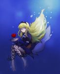  1girl barefoot blonde_hair blue_eyes braid breasts dress flower hairband long_hair rose shirley_fennes tales_of_(series) tales_of_legendia water 