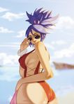  1girl ass beach bikini breasts cleavage hair_up purple_hair sheena_fujibayashi sideboob sun sunglasses swimsuit tales_of_(series) tales_of_symphonia tovio_rogers 