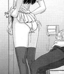  1girl aftersex kisaragi_gunma monochrome panties skirt source_request thighhighs underwear 