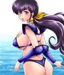  1girl armor ass bikini bikini_armor breasts female green_eyes huge_breasts kemi433 large_breasts looking_at_viewer looking_back maison_ikkoku otonashi_kyouko ponytail purple_hair solo swimsuit sword weapon 