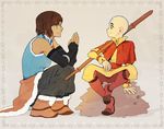  1boy 1girl 2gold aang avatar:_the_last_airbender bald dark_skin elbow_gloves gloves hands_together korra sitting staff tattoo the_legend_of_korra time_paradox 