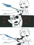  3koma androgynous comic commentary energy_spear energy_weapon english eyepatch face fangs frisk_(undertale) head_fins holding holding_weapon juby monster_girl motion_lines nervous open_mouth pointing polearm ponytail red_eyes shaded_face sharp_teeth shirt spear spot_color striped striped_shirt sweat sweating_profusely swinging teeth undertale undyne upper_body weapon 
