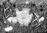  comic crater destruction forest greyscale highres monochrome nature niiko_(gonnzou) no_humans touhou 
