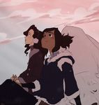  2girls asami_sato avatar:_the_last_airbender brown_hair couple dark_skin dilutra dog earmuffs fur_coat hand_holding korra multiple_girls naga_(avatar) snow snowing the_legend_of_korra yuri 