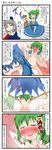  &gt;_&lt; 4koma aruva blue_hair bow breasts censored cirno closed_eyes comic commentary_request daiyousei drooling female_pervert green_eyes green_hair highres large_breasts multiple_girls nude open_mouth pervert short_hair side_ponytail touhou translated treasure_mark_censor wings yagokoro_eirin 
