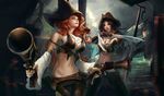 bare_shoulders black_hair breasts cleavage detached_sleeves dual_wielding gun handgun katarina_du_couteau large_breasts league_of_legends long_hair looking_at_viewer midriff multiple_girls navel phong_anh pirate pirate_hat red_hair sarah_fortune smile sword weapon 