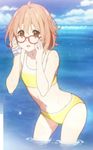  1girl bikini glasses kuriyama_mirai kyoukai_no_kanata navel red-framed_glasses short_hair smile solo swimsuit 