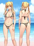  ass back bare_shoulders beach belly_chain bikini blonde_hair bracelet breasts brown_eyes female highres jewelry large_breasts legs leopard_print long_hair looking_at_viewer mound_of_venus navel necklace nightmare_express ocean shimano_natsume sky solo standing swimsuit thighs thong thong_bikini twintails water 