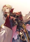  1girl absurdres armor armored_dress bangs blonde_hair blush boots breasts brown_eyes cape djeeta_(granblue_fantasy) dutch_angle gauntlets gem gradient gradient_background granblue_fantasy greaves hairband haruato head_tilt high_collar highres holding holding_sword holding_weapon looking_at_viewer medium_breasts red_hairband short_hair sidelocks simple_background smile solo sword thigh_boots thigh_strap thighhighs weapon 