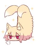  1girl animal_ear_fluff animal_ears animalization bangs blush earwig eyebrows_visible_through_hair fox_ears full_body hair_between_eyes highres kemomimi-chan_(naga_u) multiple_tails naga_u original red_eyes shadow solo sparkle tail top-down_bottom-up two_tails v-shaped_eyebrows visible_air white_background 