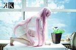  1girl asian bare_legs barefoot cloud cosplay fur k_(anime) long_hair neko_(k) photo pink_hair sky solo sweater table very_long_hair 