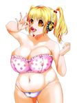  1girl bare_shoulders blonde_hair bra breasts cameltoe cherry cleavage erect_nipples female food fruit headphones large_breasts navel nitroplus orange_eyes panties plump rizu solo super_pochaco tongue tongue_out twintails underwear wide_hips 