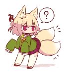  1girl ? animal_ear_fluff animal_ears bangs bell bell_collar blonde_hair blush brown_collar brown_footwear brown_neckwear closed_mouth collar extra_tails eyebrows_visible_through_hair fox_ears fox_girl fox_tail full_body green_shirt hair_between_eyes hair_bun hair_ornament highres jingle_bell kemomimi-chan_(naga_u) kitsune long_hair long_sleeves looking_away looking_back multiple_tails naga_u original pleated_skirt purple_skirt ribbon-trimmed_legwear ribbon_trim sailor_collar shadow shirt sidelocks skirt sleeves_past_fingers sleeves_past_wrists solo spoken_question_mark standing tail thighhighs two_tails white_background white_legwear white_sailor_collar 