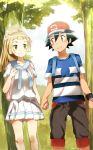  1boy 1girl backpack bag black_hair brown_eyes creatures_(company) game_freak hand_holding highres kuriyama lillie_(pokemon) nintendo pokemon pokemon_(anime) pokemon_sm_(anime) satoshi_(pokemon) shirt skirt striped striped_shirt z-ring 