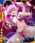  1girl ass bare_legs bare_shoulders bat_wings bikini breasts bridal_gauntlets card_(medium) demon_girl fangs female happy kagami_hirotaka legs lilim_(taimanin_asagi_battle_arena) lilith-soft long_hair looking_at_viewer open_mouth partially_visible_vulva pointy_ears smile succubus swimsuit tail taimanin_asagi taimanin_asagi_battle_arena thong twintails underwear wings wink 