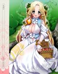  1girl blonde_hair blush breasts cleavage erect_nipples female kei_jiei large_breasts long_hair looking_at_viewer navel open_mouth silver_eyes sitting smile solo very_long_hair 