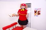  1girl asian bow bowtie brand_name_imitation breasts brown_eyes brown_hair chouzuki_maryou cosplay employee_uniform fast_food fast_food_uniform female food hamburger hataraku_maou-sama! large_breasts photo plump polo_shirt ribbon sasaki_chiho sasaki_chiho_(cosplay) short_hair short_twintails skirt solo twintails uniform visor_cap 