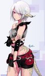  1girl artist_request asymmetrical_clothes au_ra dragon_tail female final_fantasy final_fantasy_xiv frown grey_hair horns looking_at_viewer midriff navel purple_eyes scales shorts silver_hair solo tail wide_hips 