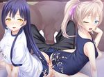  1boy 2girls ass blonde_hair blue_eyes blue_hair buttjob censored cum cum_on_ass cum_on_clothes double_buttjob gym_uniform happy long_hair mosaic_censoring multiple_girls penis rubbing school_swimsuit teamwork twintails yellow_eyes 