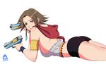  ass bare_shoulders brown_hair final_fantasy final_fantasy_x final_fantasy_x-2 gun handgun heterochromia hood looking_at_viewer lying on_stomach sharknob short_shorts side_view solo weapon yuna 