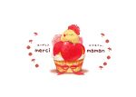  1other bird chai flower_in_mouth food fruit highres mother&#039;s_day original red_ribbon ribbon simple_background sitting_on_food strawberry tart_(food) whipped_cream white_background 