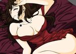 artist_request bed black_hair blush breasts character_request erect_nipples eyes_closed large_breasts laying_down no_bra source_request strip_tease 