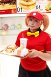  1girl asian bow bowtie brand_name_imitation breasts brown_eyes brown_hair chouzuki_maryou cosplay employee_uniform fast_food fast_food_uniform female food hamburger hataraku_maou-sama! large_breasts photo plump polo_shirt ribbon sasaki_chiho sasaki_chiho_(cosplay) short_hair short_twintails skirt solo twintails uniform visor_cap 