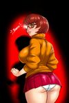  1girl ass back breasts brown_hair cartoon_network glasses large_breasts lips looking_at_viewer magnifying_glass miniskirt orange_shirt panties pantyshot r3ydart scooby-doo shirt short_hair skirt underwear velma_dace_dinkley 