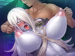  1girl ahegao breast_grab breasts drooling dullahan_(taimanin_asagi) female foaming_at_the_mouth grabbing hair_over_one_eye hetero large_breasts lilith-soft long_hair monster_girl nipple_teasing nipples orgasm pale_skin rolling_eyes saliva scar shiny_skin sian silver_hair solo sweat taimanin_asagi taimanin_asagi_battle_arena tears tongue tongue_out 