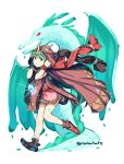  bracelet cape chiki circlet dragon dress fire_emblem fire_emblem:_monshou_no_nazo fire_emblem_heroes full_body graysheartart green_eyes green_hair highres hood jewelry long_hair looking_at_viewer mamkute nintendo pink_dress pointy_ears ponytail short_dress simple_background solo tiara 