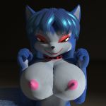  2019 3d_(artwork) anthro big_breasts blue_fur blue_hair breasts canid canine digital_media_(artwork) erect_nipples female fox fur green_eyes hair hi_res kate_lucent_(themeshow101) mammal nipples nude simple_background smile solo themeshow101 white_fur 