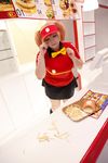  1girl asian bow bowtie brand_name_imitation breasts brown_eyes brown_hair chouzuki_maryou cosplay employee_uniform fast_food fast_food_uniform female food hamburger hataraku_maou-sama! large_breasts photo plump polo_shirt ribbon sasaki_chiho sasaki_chiho_(cosplay) short_hair short_twintails skirt solo twintails uniform visor_cap 