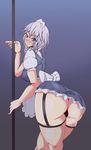  1girl ardens artist_request ass blue_eyes blush breasts cameltoe embarrassed female fishnet_thighhighs from_behind garter_straps headdres izayoi_sakuya large_breasts looking_at_viewer maid maid_headdress panties pole sideboob silver_hair single_braid skirt solo thighhighs touhou underwear upskirt 
