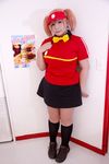  1girl asian bow bowtie brand_name_imitation breasts brown_eyes brown_hair chouzuki_maryou cosplay employee_uniform fast_food fast_food_uniform female food hamburger hataraku_maou-sama! large_breasts photo plump polo_shirt ribbon sasaki_chiho sasaki_chiho_(cosplay) short_hair short_twintails skirt solo twintails uniform visor_cap 