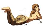  1girl ass breasts brown_hair feet feet_up looking_at_viewer metal_gear_(series) metal_gear_solid_v on_stomach onichan-xd pantyhose ponytail quiet_(metal_gear) sideboob toes torn_pantyhose unhooked_bra 