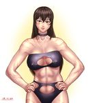  abs bandeau bare_shoulders black_hair blush breasts brown_eyes choker cleavage_cutout collarbone comic covered_nipples dated hands_on_hips large_breasts long_hair m.u.g.e.n muscle muscular_female navel original revealing_clothes scar sendai_hakurei_no_miko solo strapless swimsuit taikyokuturugi touhou 