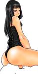  1boy 1girl artist_request ass bare_shoulders black_corset black_hair corset femdom from_side holding_breath long_hair looking_down simple_background sitting sitting_on_face sitting_on_person smile white_background 