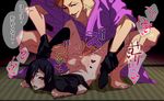 2boys age_difference anal ass barefoot black_hair bottomless cum cum_in_ass cum_while_penetrated cumdrip drooling happy_sex heart heart-shaped_pupils iwatooshi looking_at_viewer male_focus multiple_boys penis saliva short_hair size_difference socks sweat symbol-shaped_pupils touken_ranbu yagen_toushirou yaoi 