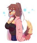  1girl artist_request bra_peek brown_hair copyright_request dog furry glasses long_hair ponytail red_eyes solo tongue 