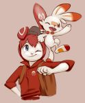  anthro backpack blue_eyes buckteeth clothing duo fur hair happy hat lagomorph looking_at_viewer male mammal nintendo one_eye_closed open_mouth orange_eyes pok&eacute;mon pok&eacute;mon_(species) pose robby_bunny scorbunny semi-anthro shirt simple_background smile teeth video_games waving wink xennos 