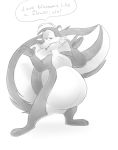 2019 anthro belly big_belly flower flower_in_mouth fluffy fluffy_tail fur looking_at_viewer looney_tunes male male_pregnancy mammal mehndi mephitid monochrome pep&eacute;_le_pew plant plantigrade pregnant skunk speech_bubble striped_skunk striped_tail stripes text toony warner_brothers 