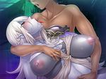  1boy 1girl breast_grab breasts drooling dullahan_(taimanin_asagi) female grabbing hetero hug kiss large_breasts long_hair monster_girl nipples pale_skin saliva saliva_trail scar shiny_skin short_hair sian silver_hair solo sweat taimanin_asagi taimanin_asagi_battle_arena tongue_out 