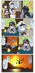  4koma :o ? animal animal_on_head animal_on_shoulder animalization battleship_hime bird bird_costume bird_on_head bird_on_leg bird_on_shoulder black_dress black_hair black_hat blue_eyes blue_hair brown_eyes brown_hair chibi closed_eyes comic commentary desk dress eyepatch female_admiral_(kantai_collection) flying flying_sweatdrops gloom_(expression) gloves hair_ribbon hakama hat highres hiyou_(kantai_collection) hyuuga_(kantai_collection) indoors japanese_clothes kantai_collection kiso_(kantai_collection) long_hair long_sleeves magatama military military_uniform multiple_girls naval_uniform on_head open_mouth outdoors peaked_cap pigeon puchimasu! red_eyes red_skirt ribbon shinkaisei-kan short_hair silhouette skirt sleeveless sleeveless_dress sunset sweat too_many too_many_birds translated triangle_mouth uniform white_gloves white_hat white_ribbon yuureidoushi_(yuurei6214) 