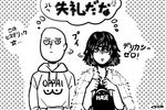  1girl anger_vein bald bangs casual clenched_hands clothes_writing comic fubuki_(one-punch_man) fur_coat greyscale hands_in_pocket hood hood_down hoodie jacket_on_shoulders kuroha_ai looking_to_the_side monochrome one-punch_man oppai_hoodie romaji saitama_(one-punch_man) shared_thought_bubble shirt short_hair signature sketch speech_bubble t-shirt text_focus thinking thought_bubble translated 