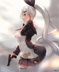  1girl :3 arm_up bangs bare_shoulders belt black_jacket black_neckwear black_ribbon black_skirt blouse blush bow bowtie breasts center_frills chains commission cowboy_shot crescent crescent_earrings dusk earrings ehrrr five-seven_(girls_frontline) five-seven_(gun) frilled_shirt frills from_side girls_frontline grey_sky gun hair_ornament hair_ribbon handgun high_ponytail highres holding holding_gun holding_weapon huaji jacket jewelry long_ponytail long_sleeves medium_breasts miniskirt off_shoulder open_clothes open_jacket outdoors pistol pleated_skirt ribbon shirt silver_hair skirt sleeveless sleeveless_shirt smile smoke solo standing thigh_strap tied_hair twitter_username weapon white_blouse white_shirt yellow_eyes zipper_pull_tab 
